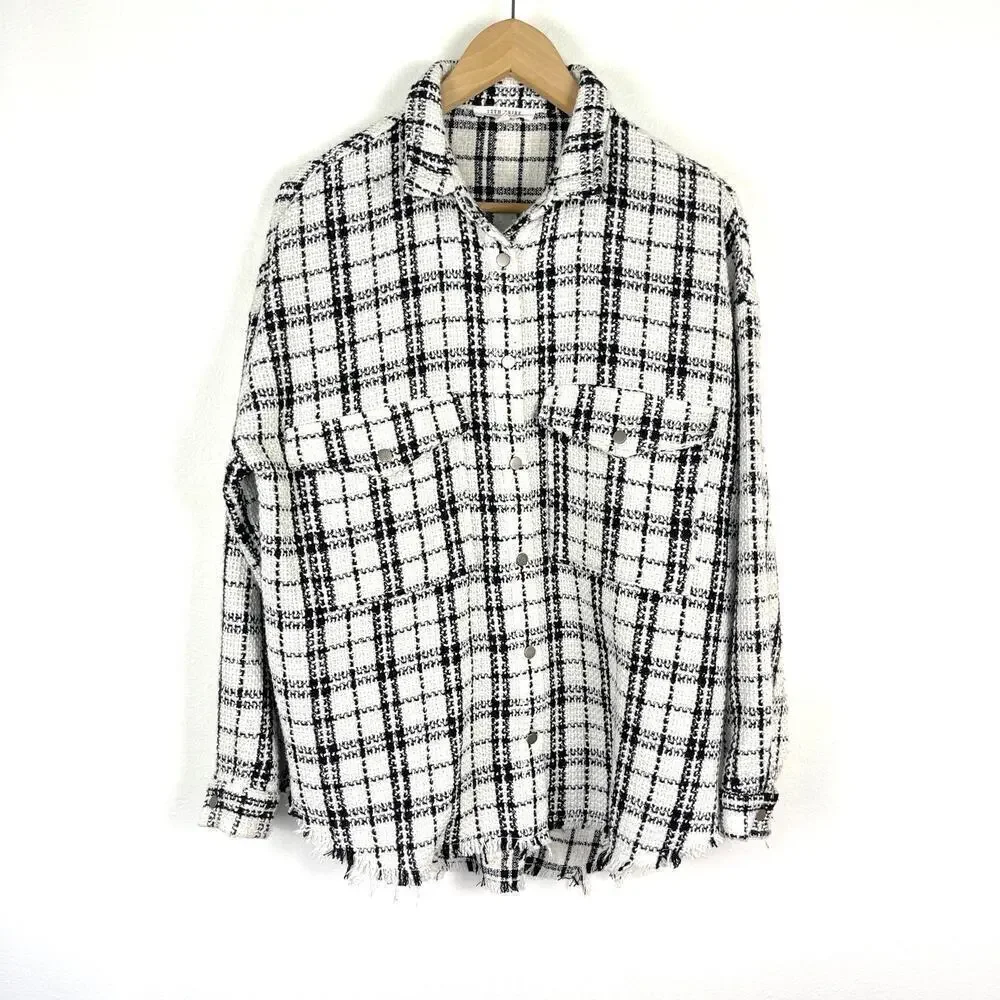 12th Tribe White Black Plaid Tweed Shacket Jacket Snap Button Women's One Size